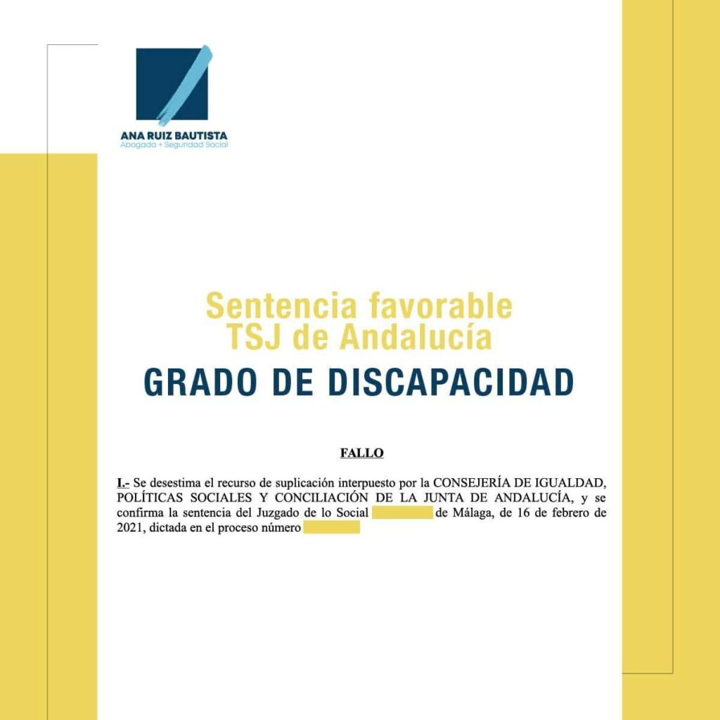 Sentencia favorable TSJ Andalucía Grado de Discapacidad