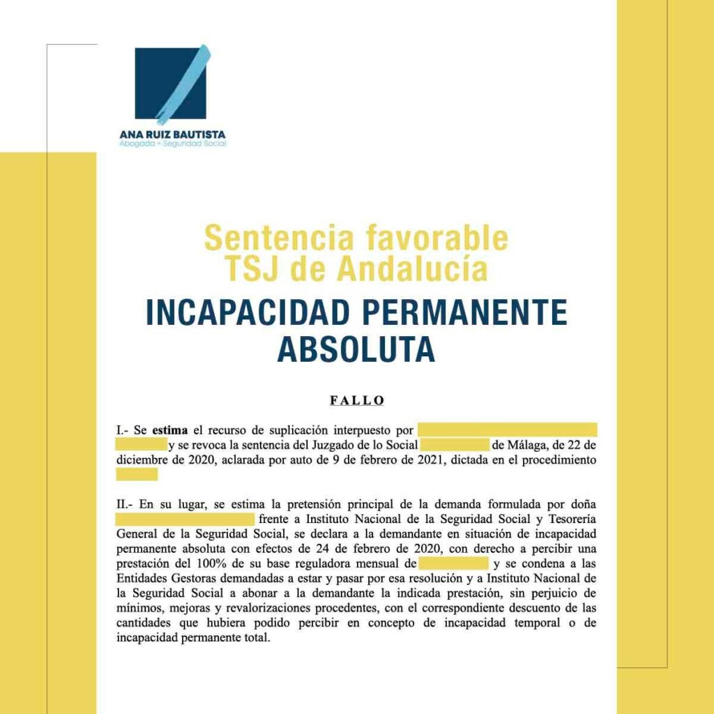 Sentencia favorable TSJ Andalucía Incapacidad Permanente Absoluta